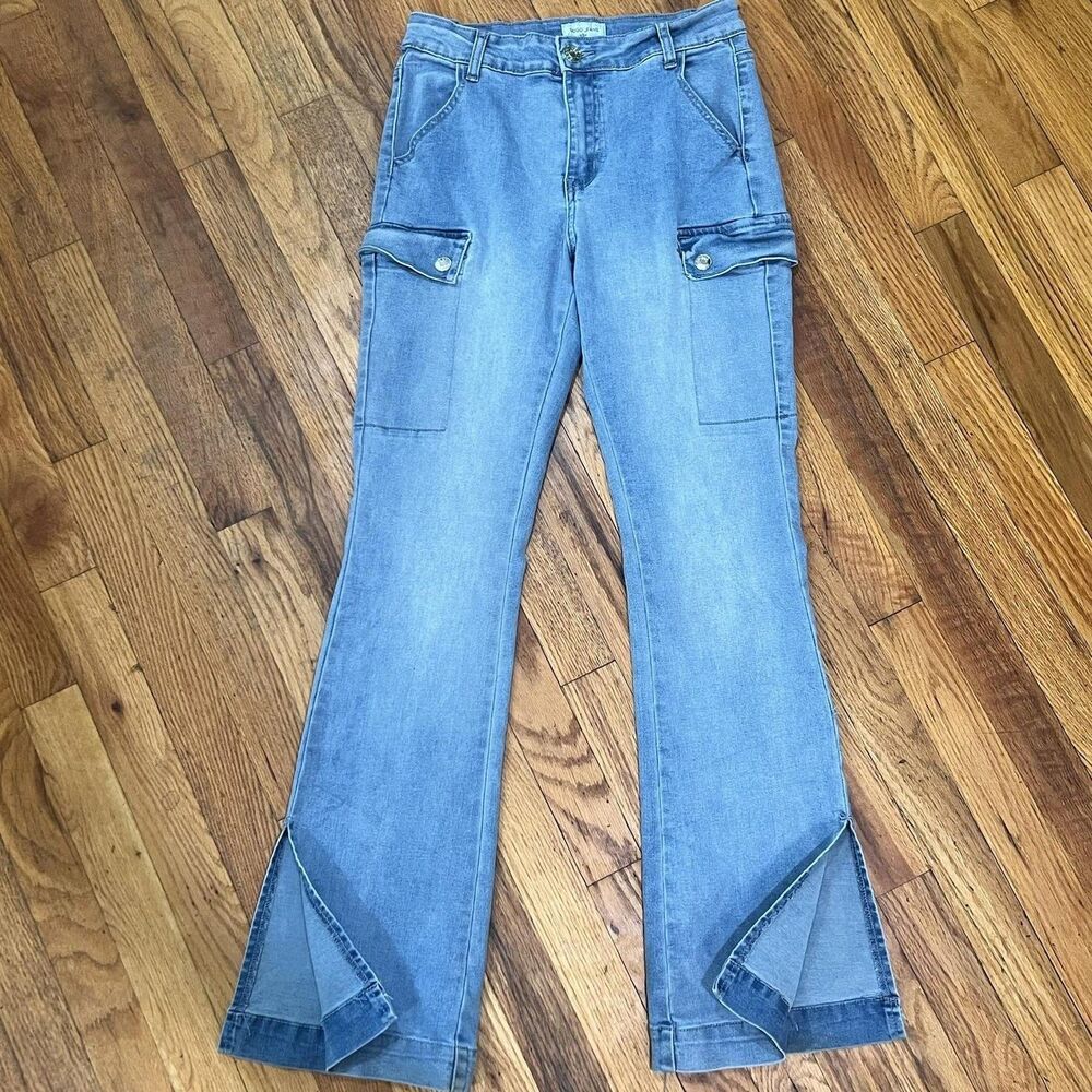 GOGO JEANS Juniors Light Wash Flare Cargo Jeans Stretch Denim Size 7/28 Y2K